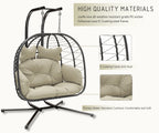 Double Wicker Swing Egg Chair Hammock Foldable Hanging Loveseat with Stand, UV Resistant Removable Cushions, 700LBS Capacity for Bedroom, Balcony (Black and Beige)