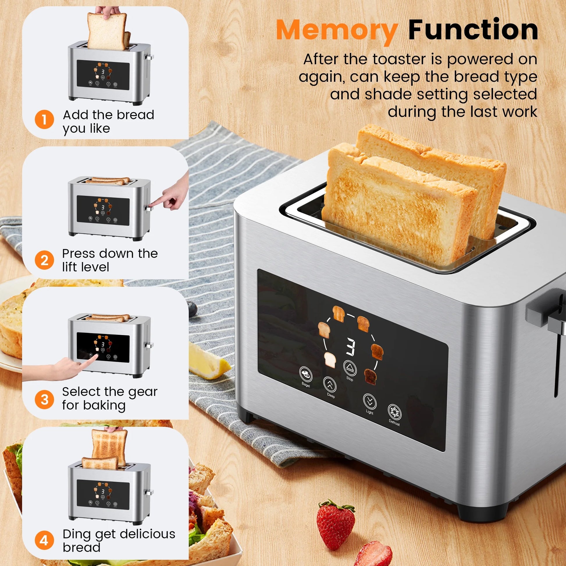 Toaster 2 Slice Wide Slots Touchscreen 6 Shade Settings, Stainless Steel Bread Toaster with Reheat, Cancel, Defrost,New