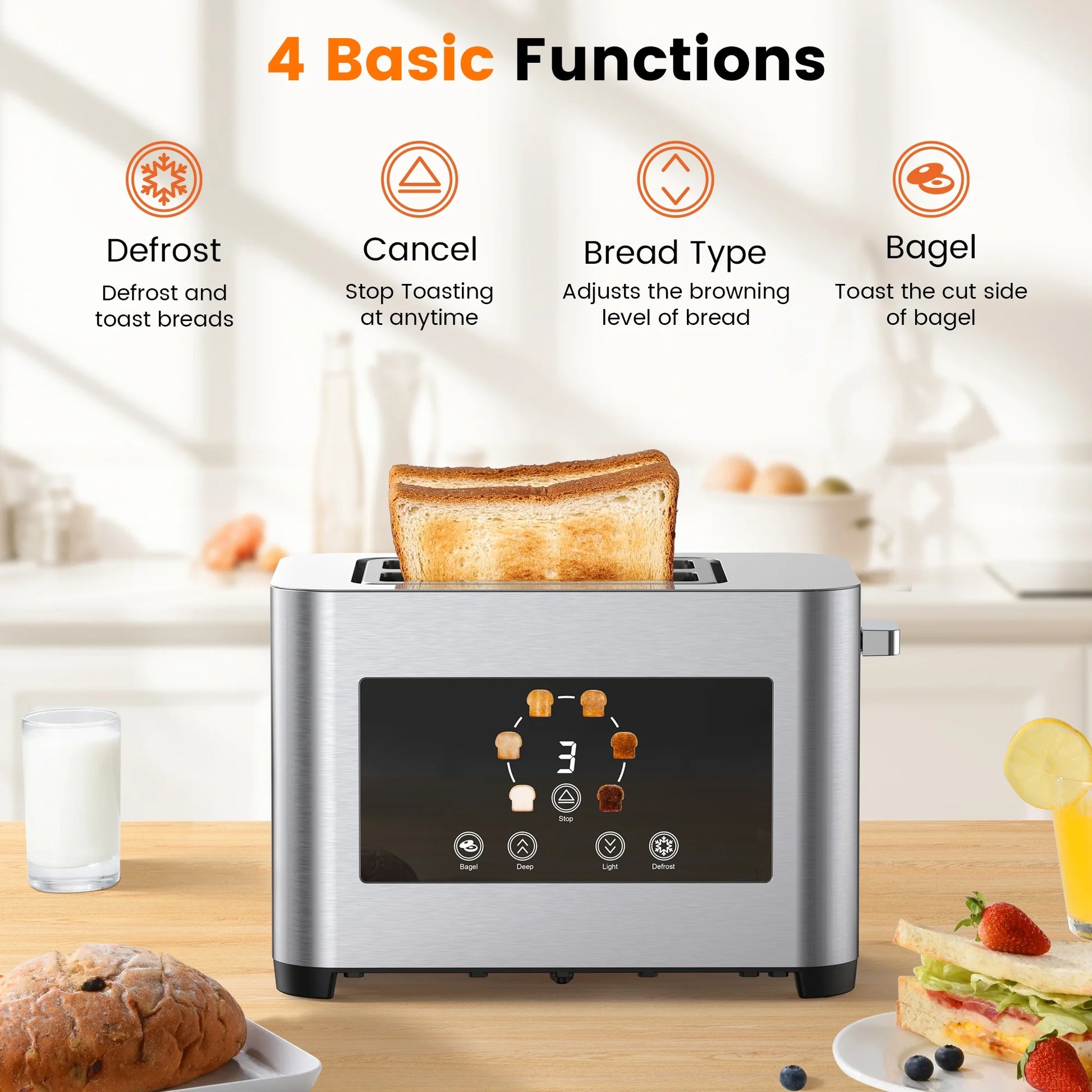 Toaster 2 Slice Wide Slots Touchscreen 6 Shade Settings, Stainless Steel Bread Toaster with Reheat, Cancel, Defrost,New