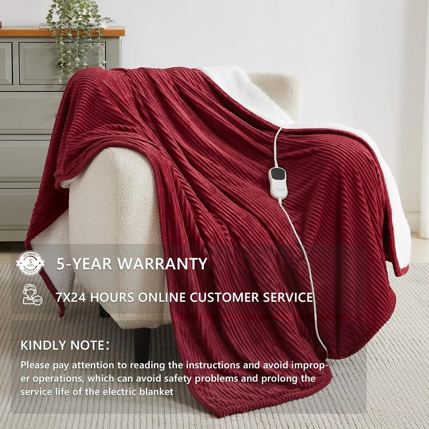 Electric Heated Throw Blanket, Flannel & Sherpa Cozy Soft Electric Throw with 5 Heat Settings & 4 Hours Auto -Off, 50X60 Inch, Red