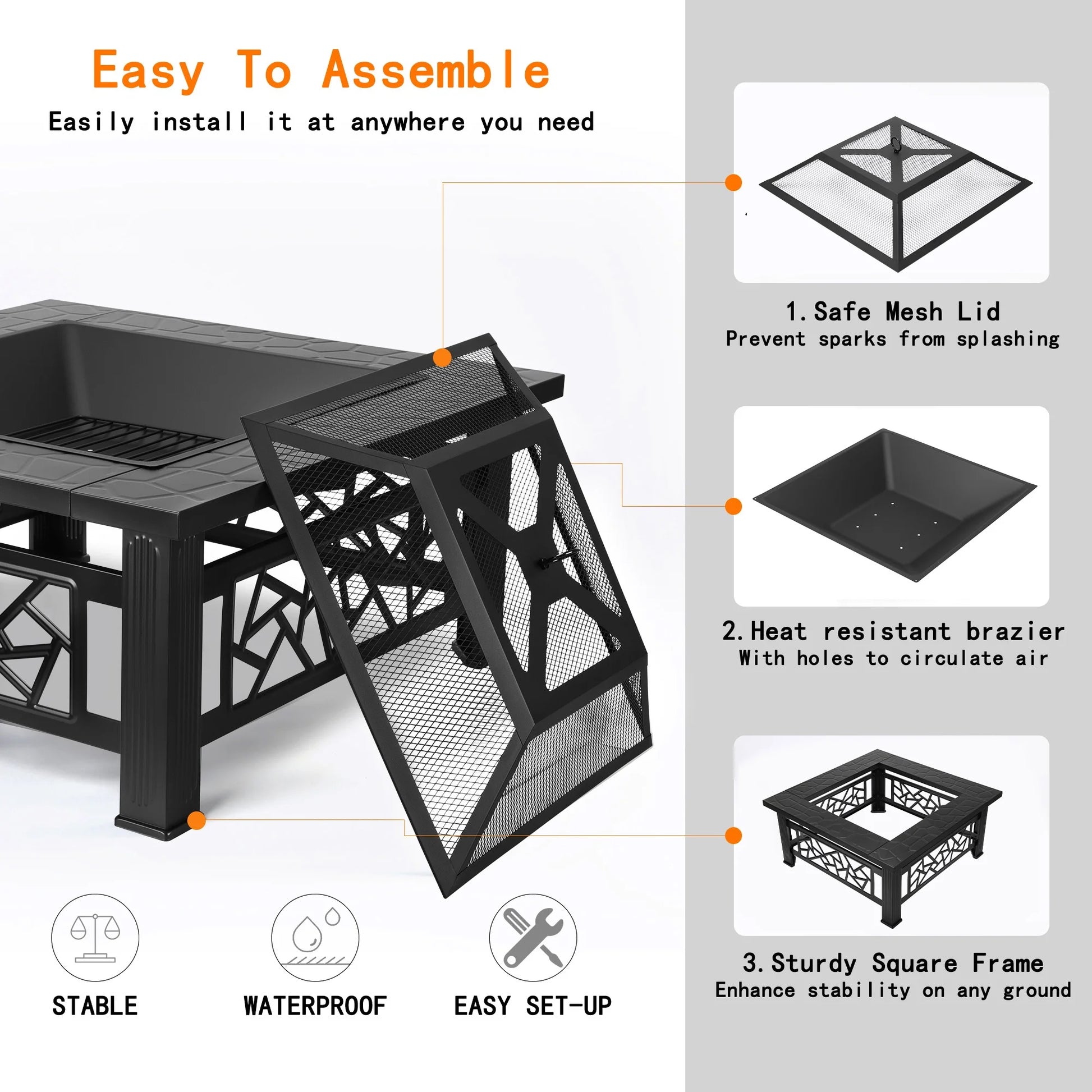 Fire Pit for Outside, 32" Square Fire Pit Table with BBQ Net, Mesh Lid, Poker and Cover, Wood Burning Outdoor Heating Fire Pit Stove for Patio, Backyard, Camping, Black