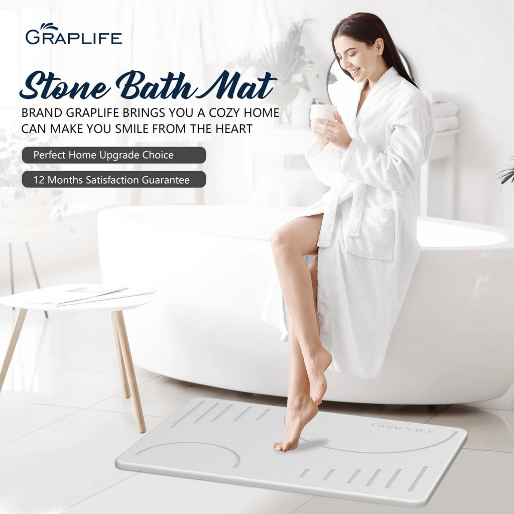 Stone Bath Mat, Super Absorbent Bathroom Mat, Quick Drying Non-Slip Shower Mat 24"X15 White
